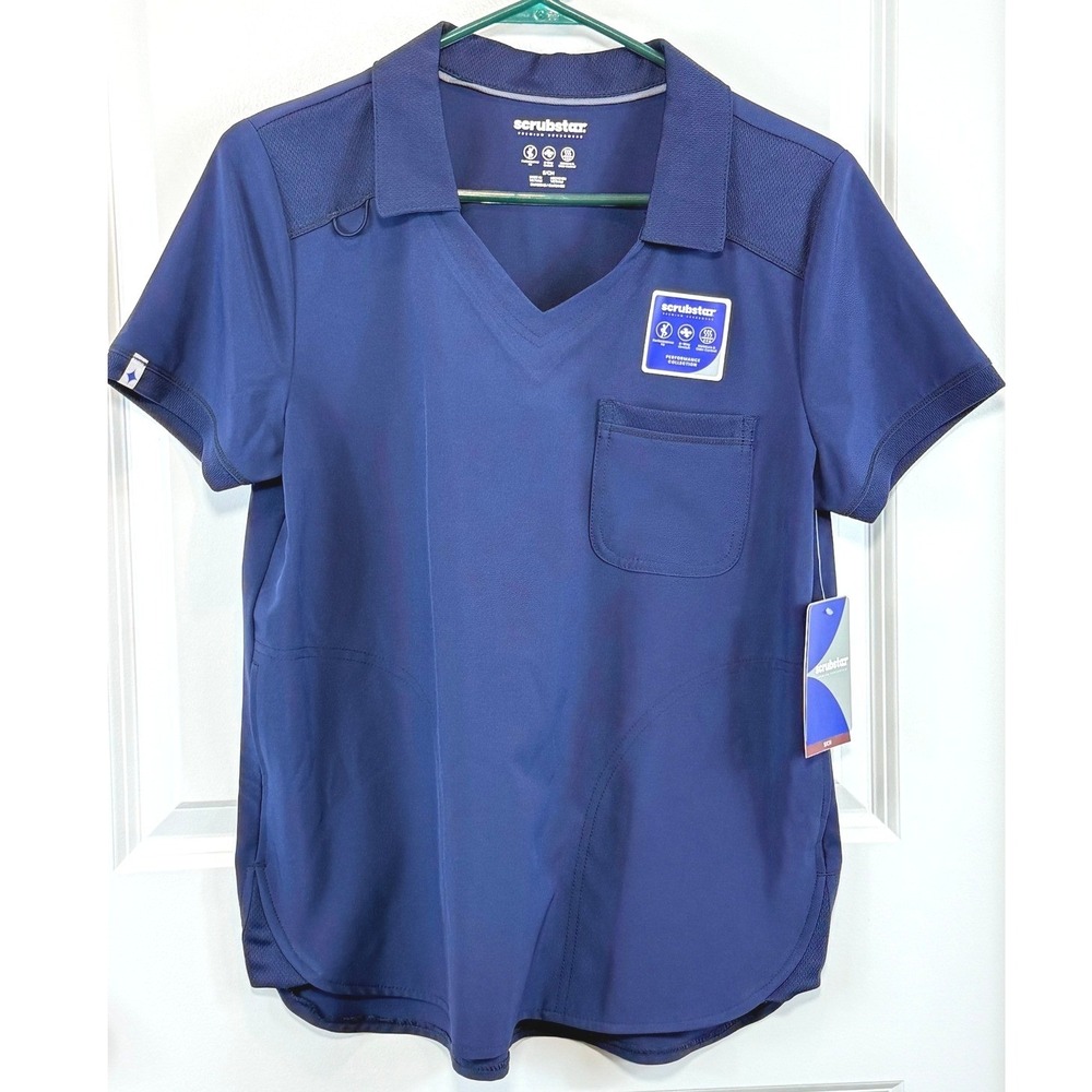NEW Scrubstar Premium Performance Scrub Top Indigo Blue Collared V-Neck Stretch